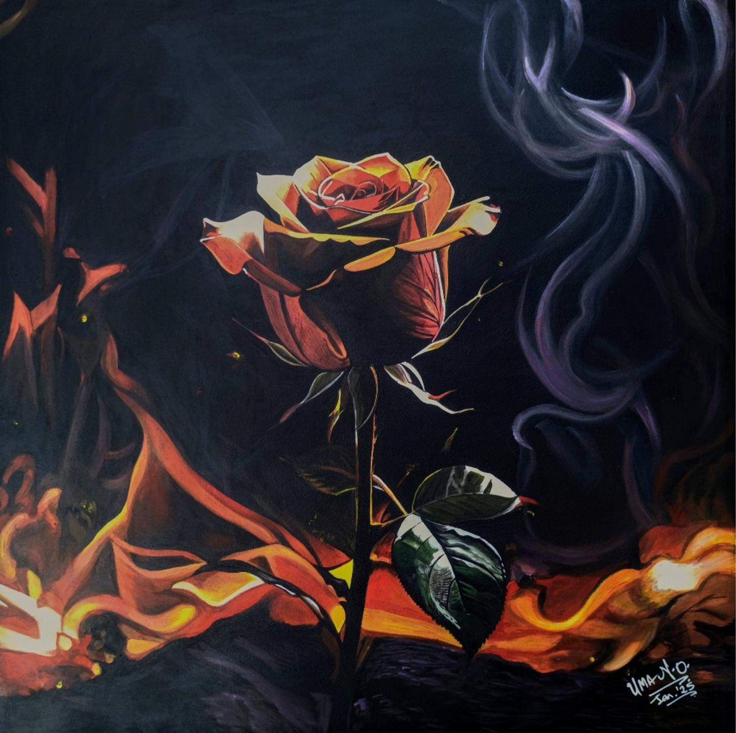 Unscathed Beauty — 3x3ft acrylic painting of a rose by Nnanna Okorie Uma